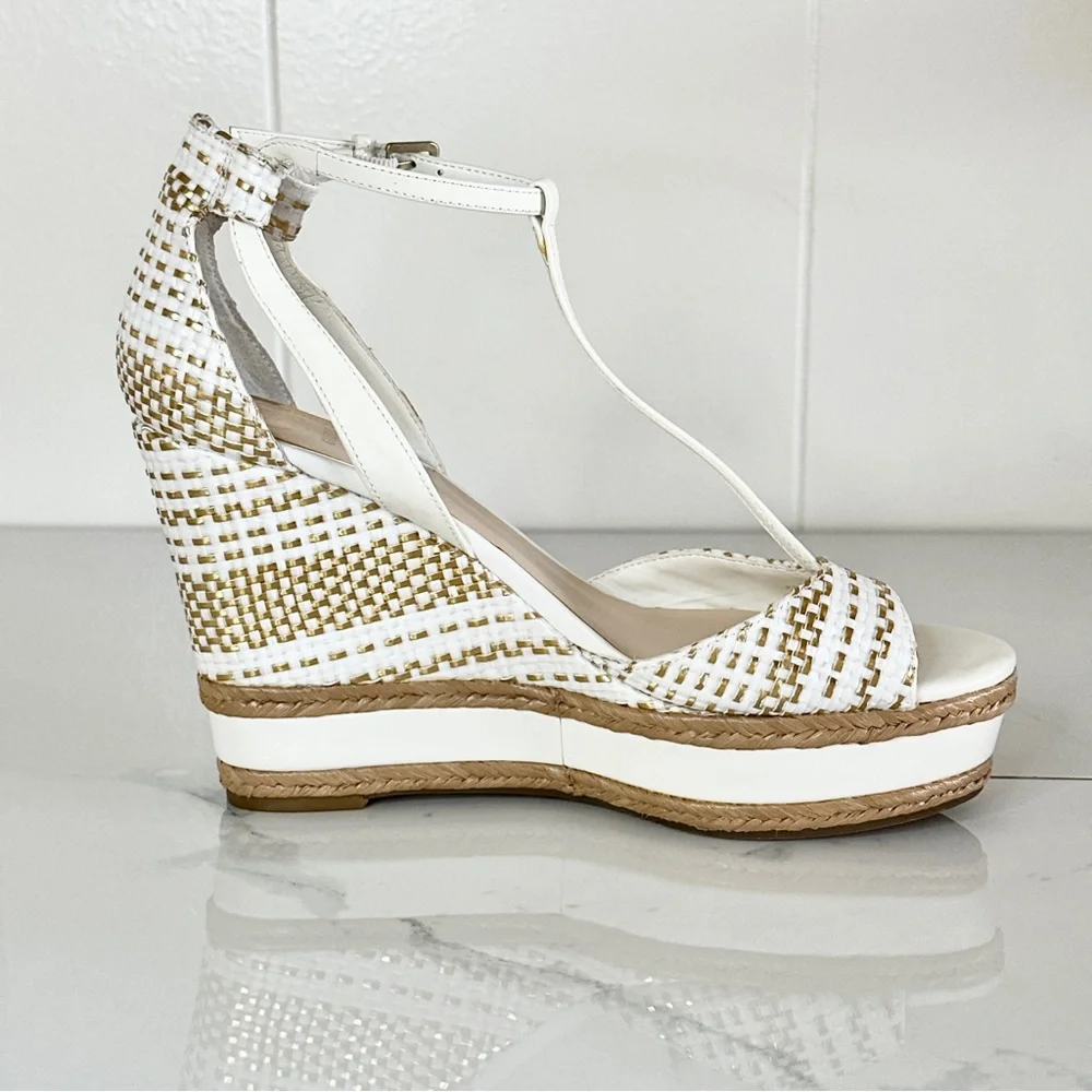 Guess Gace Platform Wedge Sandal 10 Metallic Gold and White Woven T-Straps